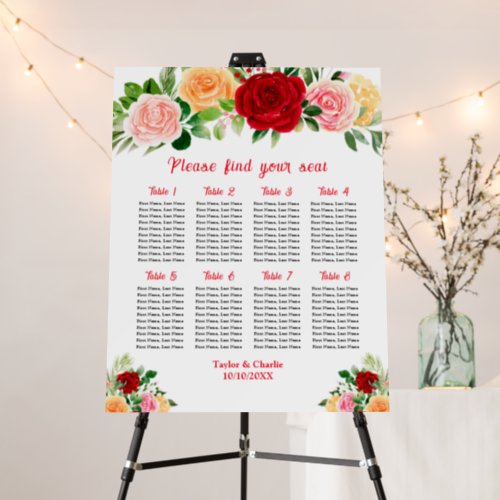 Romantic Roses Wedding 8 Tables Seating Chart Foam Board