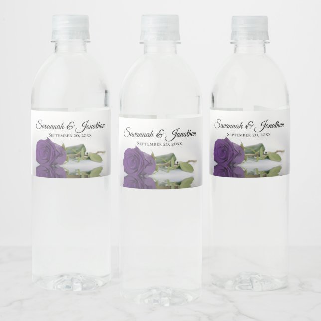 Romantic Royal Purple Rose Elegant Wedding Water Bottle Label (Bottles)