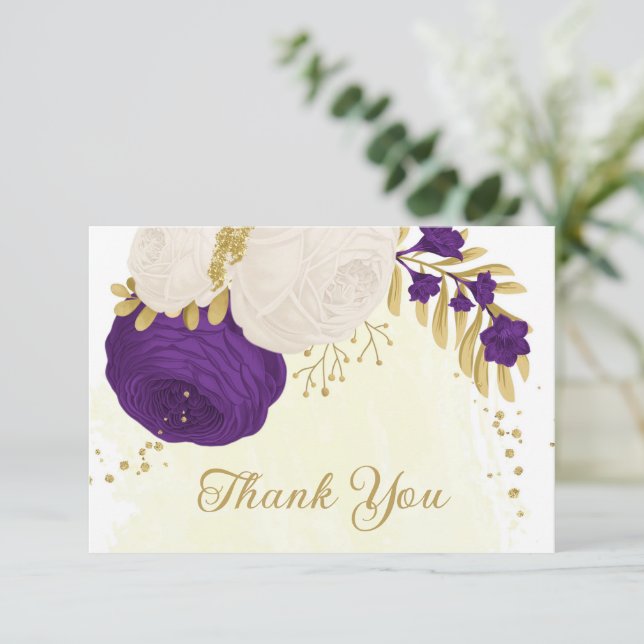 Romantic royal purple & white flowers gold  thank you card (Standing Front)