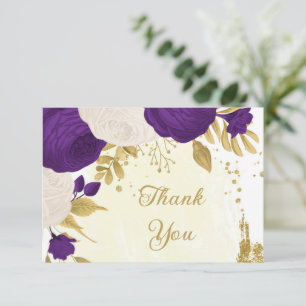 Romantic royal purple & white flowers gold thank you card