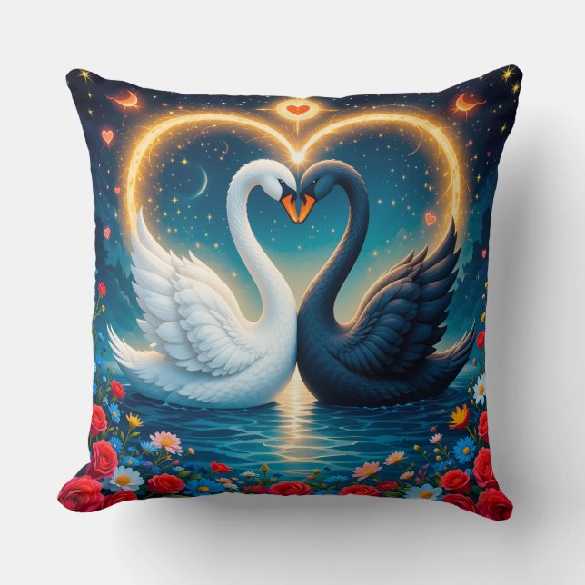 Romantic Royal Swan Fantasy Night Botanical Art Throw Pillow (Front)