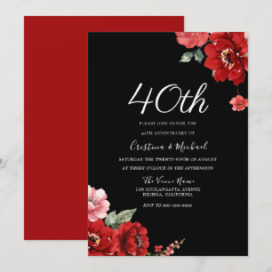 Romantic Ruby Red & Black Floral 40th Anniversary Invitation