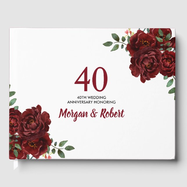 Romantic Ruby Red Rose 40th Wedding Anniversary Guest Book (Front)