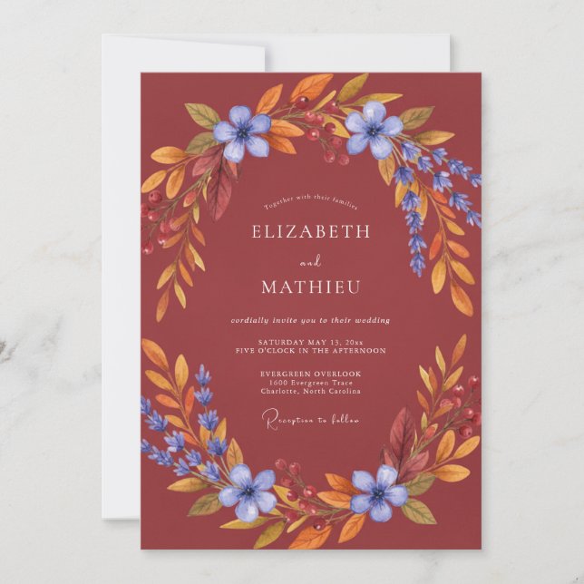 Romantic Rust Cornflower Leafy Wedding Invitation (Front)