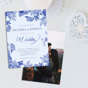 romantic Rustic Blue Floral with Photo Wedding Invitation