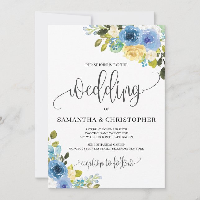 Romantic rustic blue yellow floral boho wedding invitation (Front)