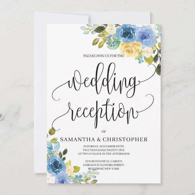 Romantic rustic blue yellow floral boho wedding invitation (Front)