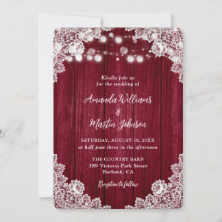 Romantic Rustic Burgundy Wood Lace Wedding Invitation