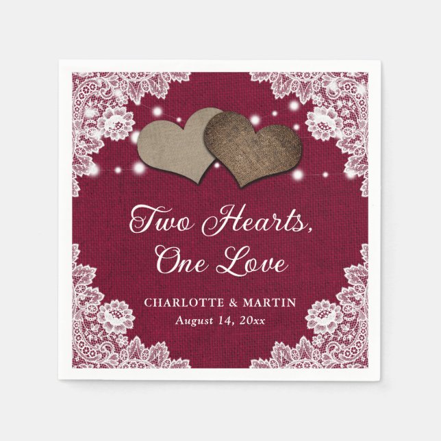 Romantic Rustic Burlap and Lace Burgundy Wedding Napkins (Front)
