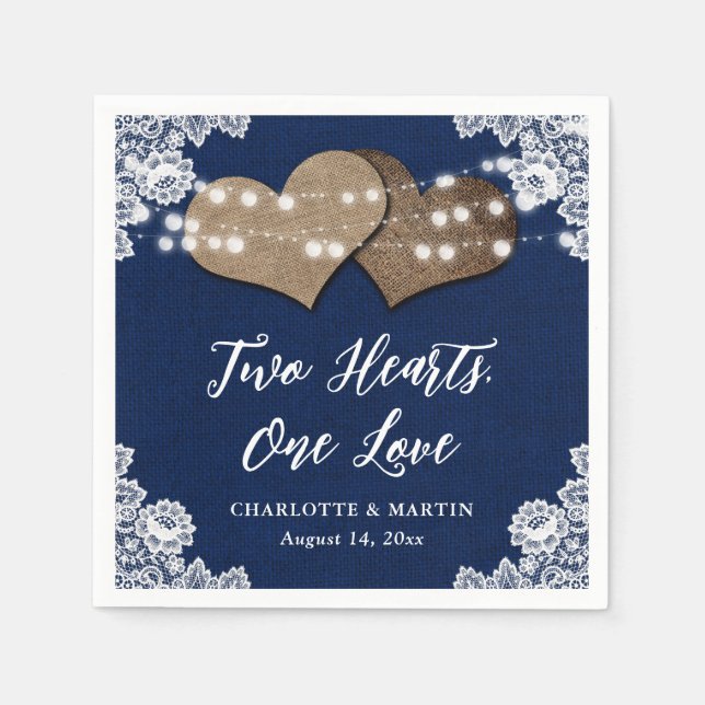 Romantic Rustic Burlap and Lace Navy Blue Wedding Napkins (Front)