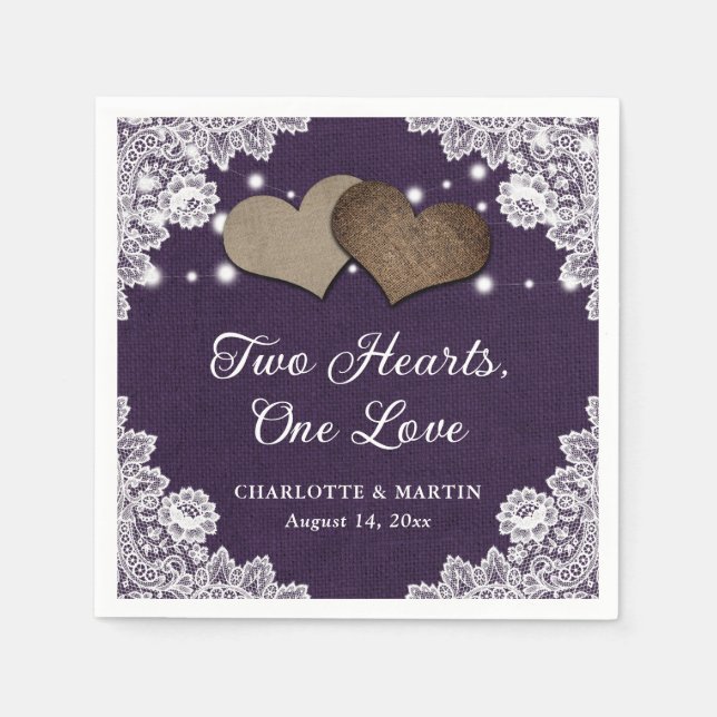 Romantic Rustic Burlap and Lace Purple Wedding Napkins (Front)