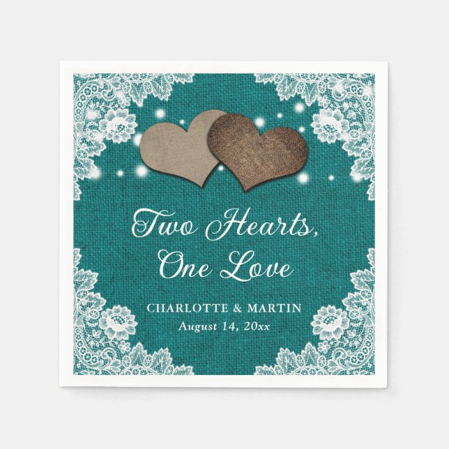 Romantic Rustic Burlap and Lace Teal Wedding Napkins (Front)