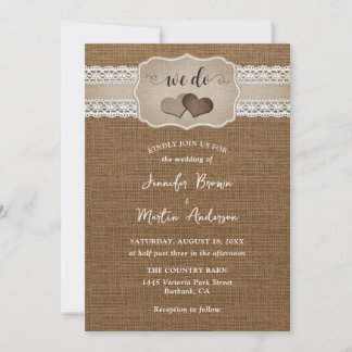Romantic Rustic Burlap and Lace Wedding Invitation