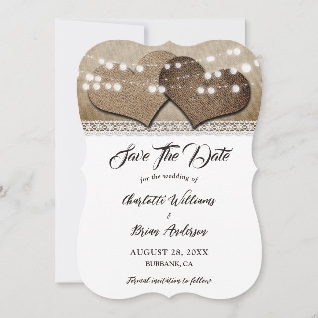 Romantic Rustic Burlap Heart Lace Wedding Save The Date (Front)