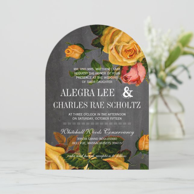 Romantic Rustic Chalkboard Heirloom Roses Invitation (Standing Front)