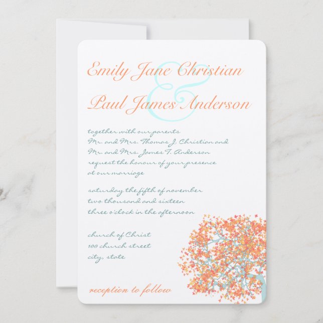 Romantic Rustic Coral Tree  Wedding Invitation (Front)