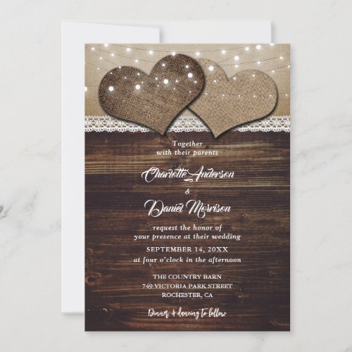 Romantic Rustic Country Chic Burlap Lace Wedding Invitation