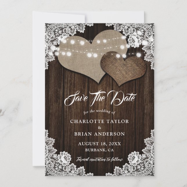 Romantic Rustic Country Wood Floral Lace Wedding Save The Date (Front)