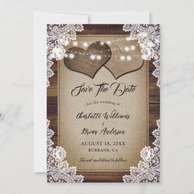 Romantic Rustic Country Wood Floral Lace Wedding Save The Date (Front)