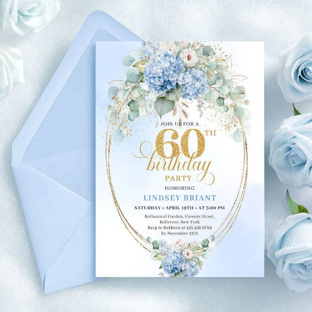 Romantic Rustic Dusty Blue Hydrangea 60th Birthday Invitation (Romantic Rustic Dusty Blue Hydrangea 60th Birthday)