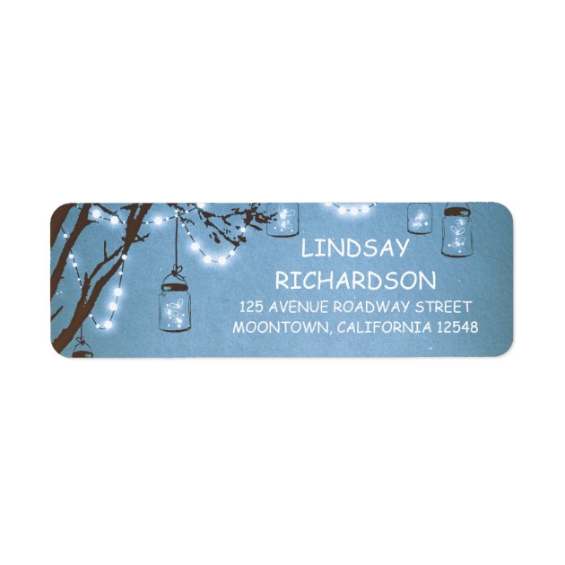Romantic Rustic Fireflies Mason Jars Blue Wedding Label