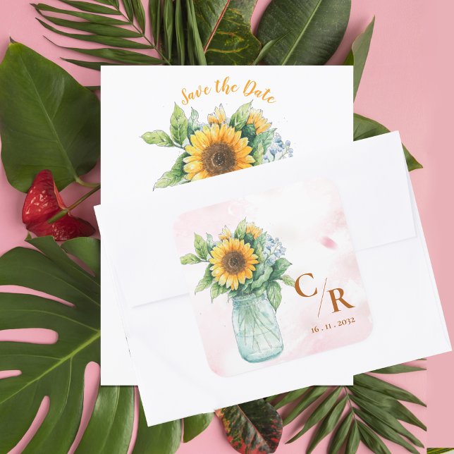 Romantic Rustic Floral Monogram Sunflower Wedding Square Sticker (Romantic Rustic Floral Monogram Sunflower Wedding Square Sticker)