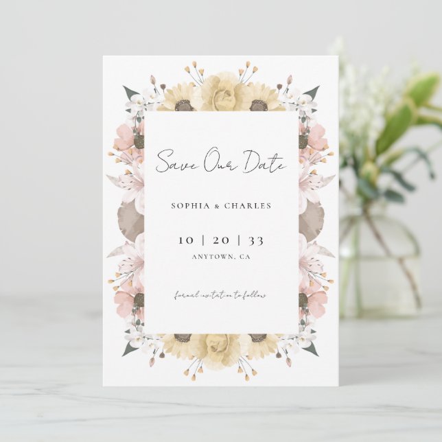 Romantic Rustic Floral Neutral Photo Wedding Save Save The Date (Standing Front)