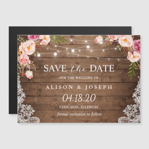 Romantic Rustic Floral String Light Save the Date Magnetic Invitation