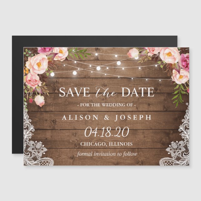Romantic Rustic Floral String Light Save the Date Magnetic Invitation (Front/Back)