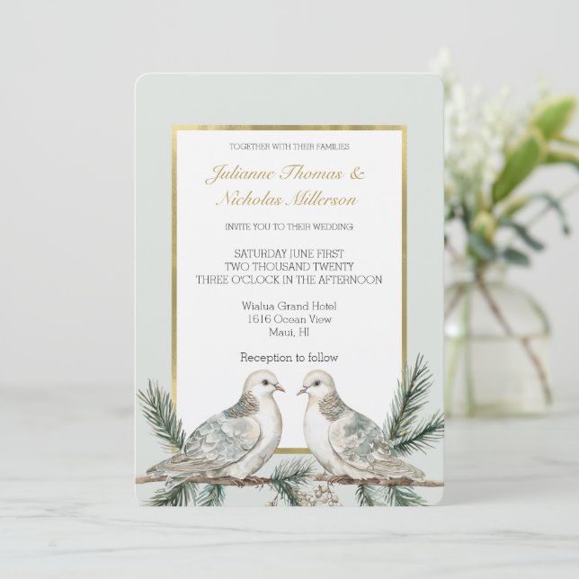 Romantic Rustic Green White Gold Birds Wedding Invitation (Standing Front)