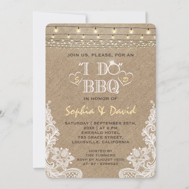 Romantic Rustic Lace Burlap I DO BBQ Invitation (Front)
