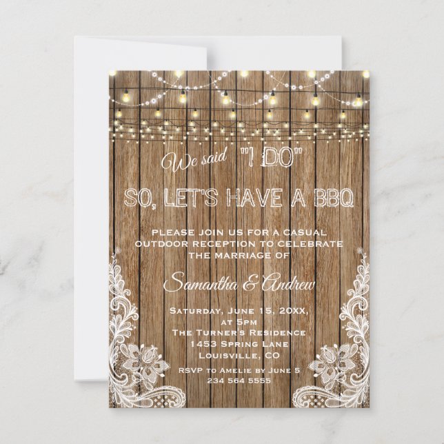 Romantic Rustic Lace String Lights I DO BBQ Invitation (Front)
