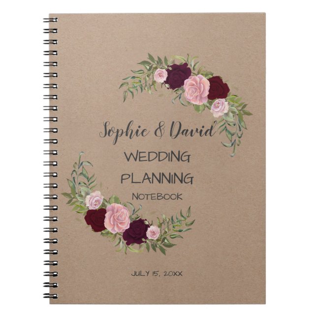Romantic, Rustic Marsala Floral Wedding Planner Notebook (Front)