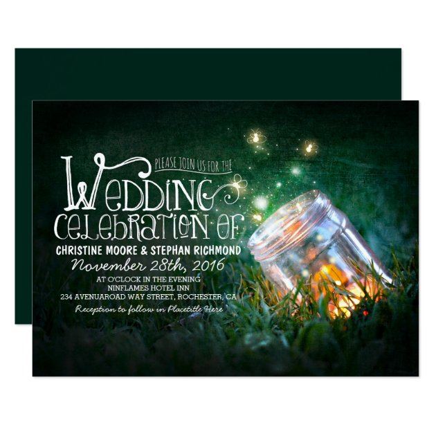 Romantic Rustic Mason Jar & Fireflies Wedding Invitation