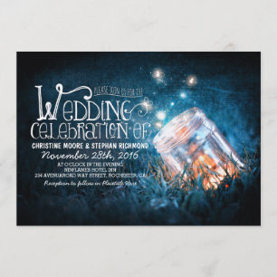 Romantic rustic mason jar & fireflies wedding invitation