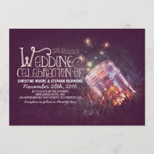 Romantic rustic mason jar & fireflies wedding invitation