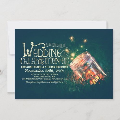 Romantic rustic mason jar  fireflies wedding invitation