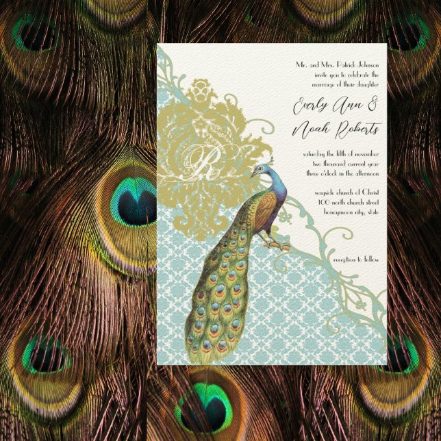 Romantic Rustic Mint Peacock Damask Wedding Invitation (Creator Uploaded)