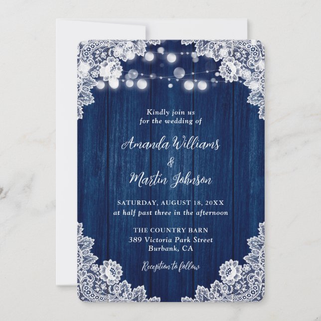 Romantic Rustic Navy Blue Wood Lace Wedding Invitation (Front)