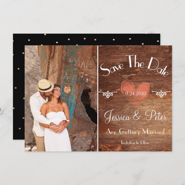 Romantic Rustic Photo Heart & Wood Save The Date Invitation (Front/Back)