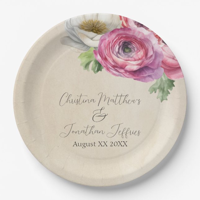 Romantic Rustic Pink & White Ranunculus Paper Plates (Front)