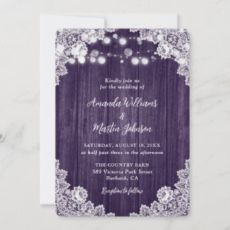 Romantic Rustic Purple Wood Lace Wedding Invitation