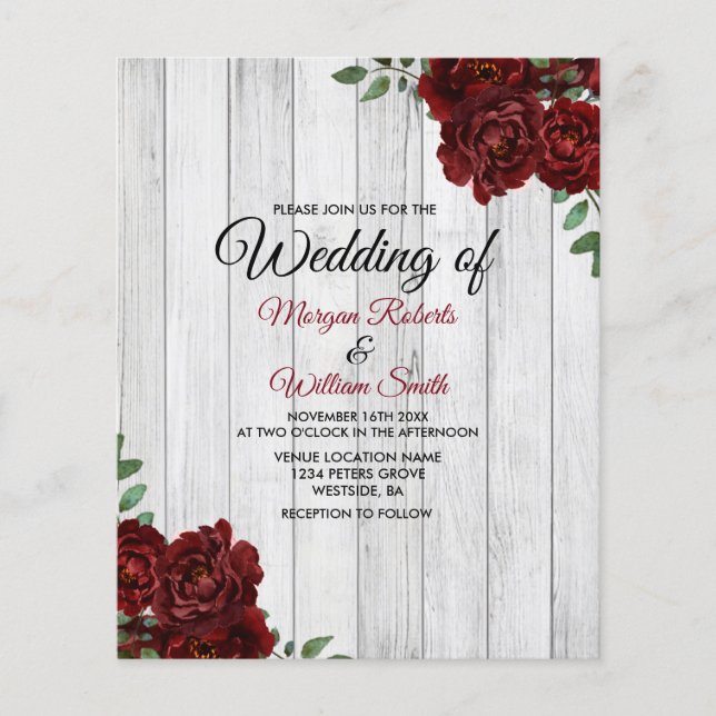 Romantic Rustic Red Rose Budget Wedding Invitation (Front)