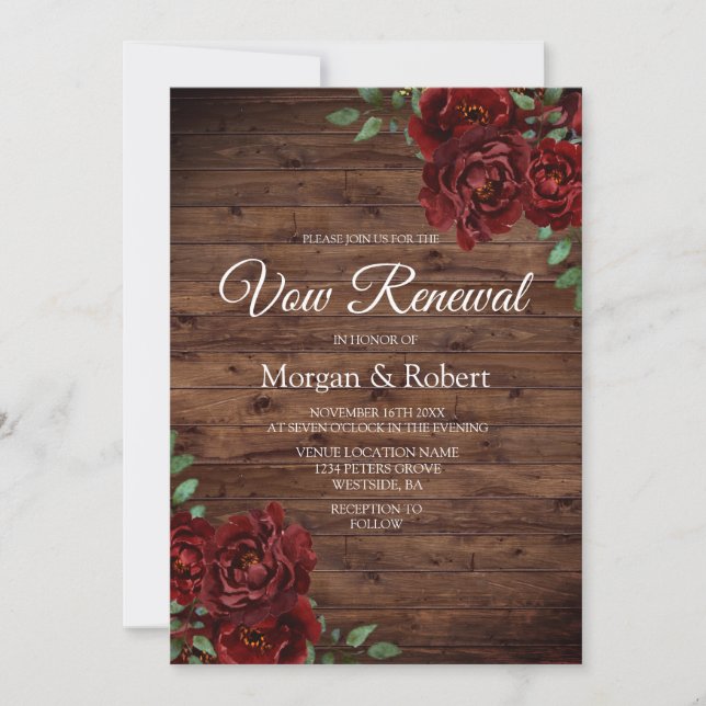 Romantic Rustic Red Rose Vow Renewal Invite (Front)