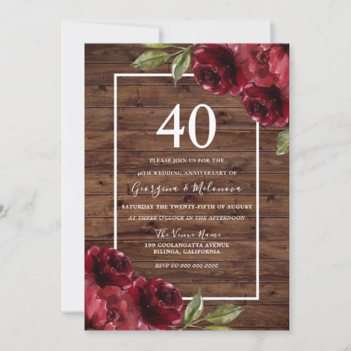 Romantic Rustic Red Roses 40th Wedding Anniversary Invitation