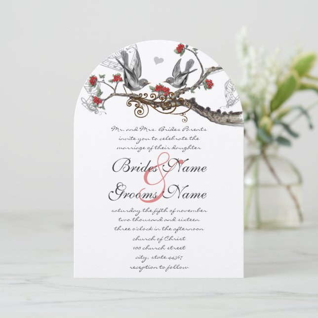 Romantic Rustic Red Vintage Birds Wedding Invite (Standing Front)