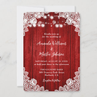 Romantic Rustic Red Wood Lace Wedding Invitation
