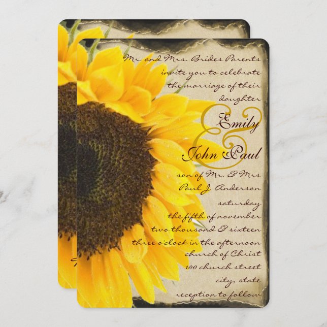 Romantic Rustic Sunflower Wedding Invitation (Front/Back)