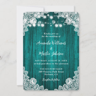 Romantic Rustic Teal Wood Lace Wedding Invitation