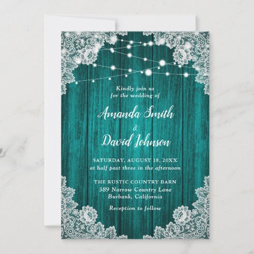 Romantic Rustic Teal Wood Lace Wedding Invitation